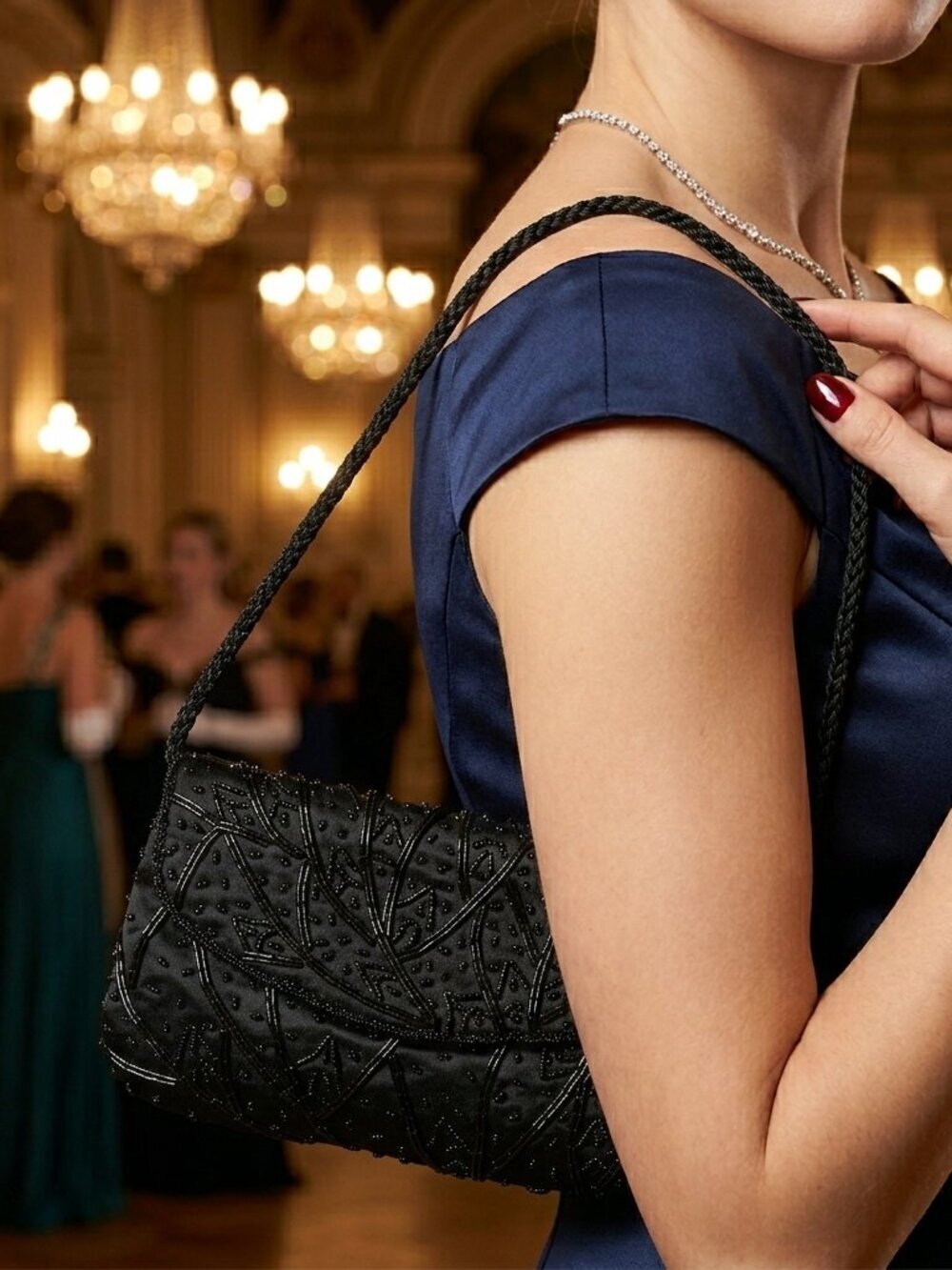 Vintage Black Beaded Clutch Purse with a Twisted Rope Strap for Formal Events
